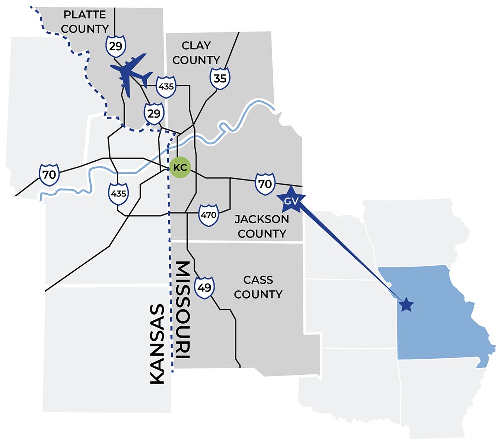 Map of Grain Valley, Missouri, and surrounding areas.